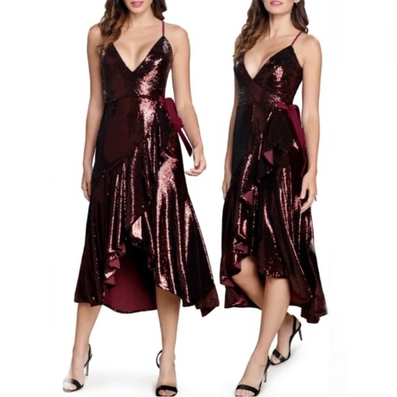 Dress The Population Ulla Sequin Wrap High Low Asymmetric Ruffle Dress Port S - Picture 1 of 11